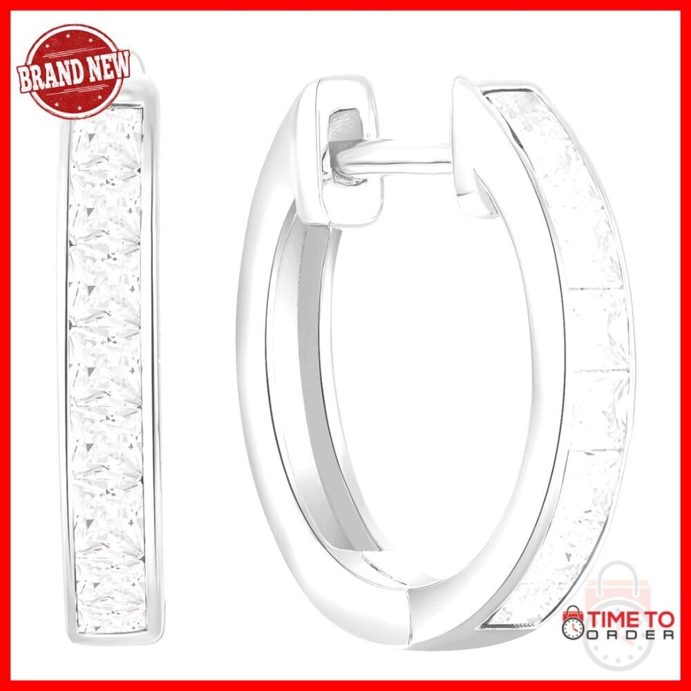 925 Sterling Silver Huggie Hoop Earrings with 16 Cubic Zirconia Stones